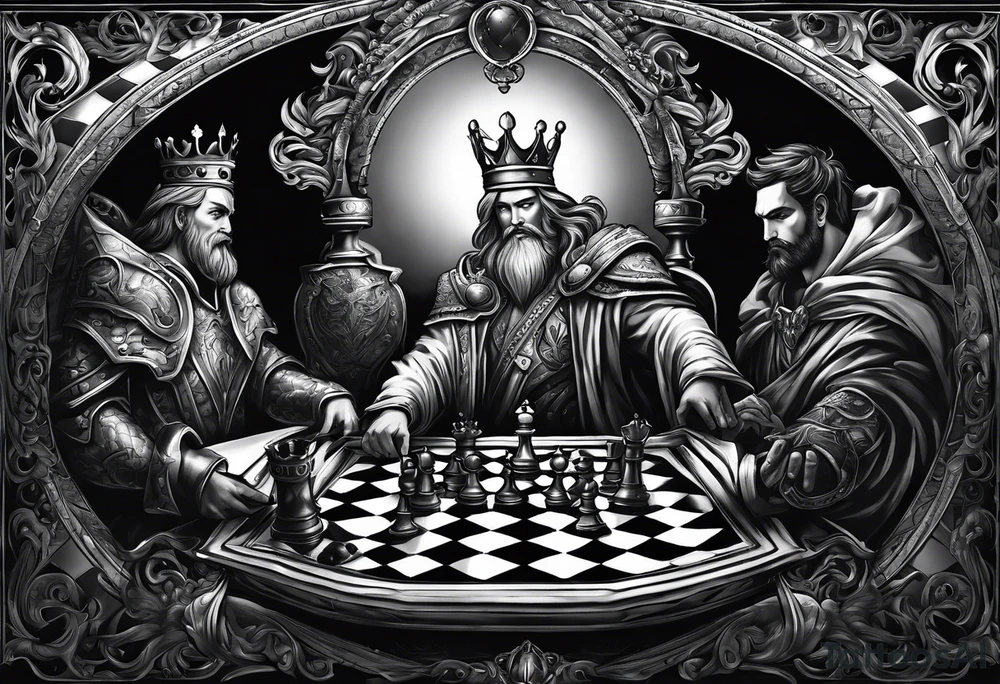 Illustrate a powerful scene where the angelic king checkmates the demonic king, symbolizing the triumph of good over evil in the strategic game of life. tattoo idea