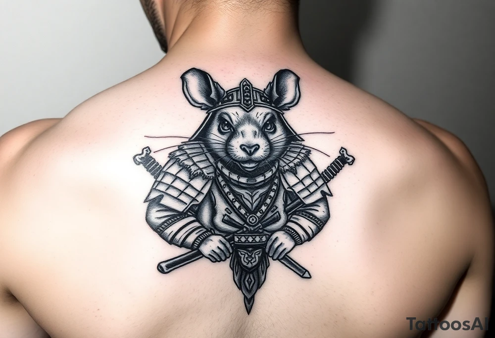 Rat dressed up as masculine samurai warrior tattoo idea