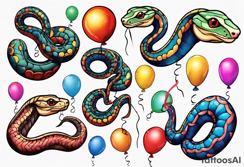 ballpython sorrounded by colored balloons tattoo idea
