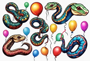 ballpython sorrounded by colored balloons tattoo idea