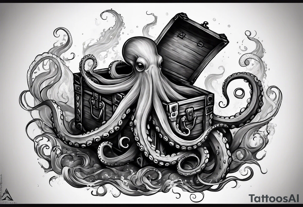 An octopus entwined around an old shipwreck or a treasure chest, evoking themes of mystery and the deep sea. tattoo idea