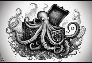 An octopus entwined around an old shipwreck or a treasure chest, evoking themes of mystery and the deep sea. tattoo idea