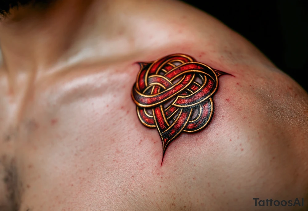 Endless knot in deep red and gold, reflecting the interconnectedness of all existence. tattoo idea