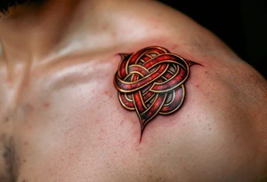 Endless knot in deep red and gold, reflecting the interconnectedness of all existence. tattoo idea