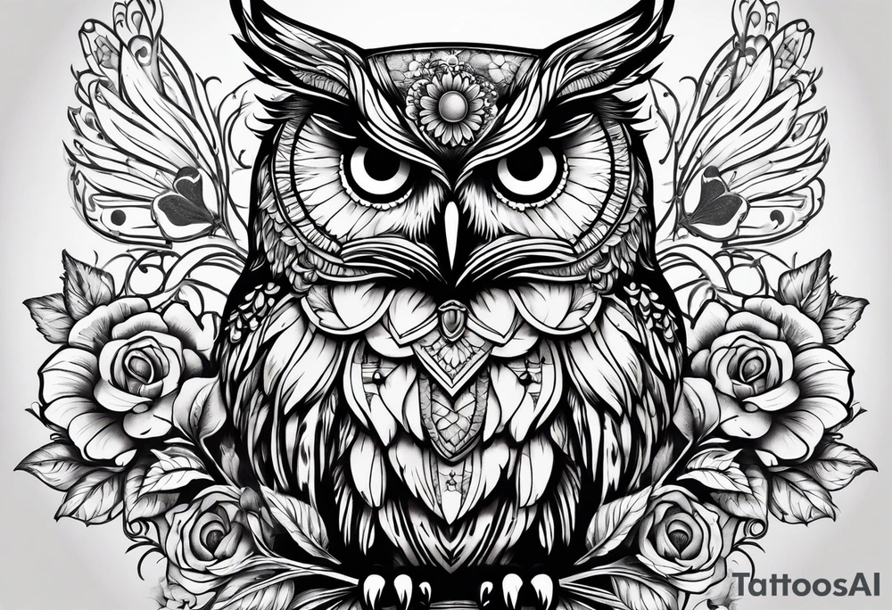 Owl, sunflower with a butterfly tattoo idea