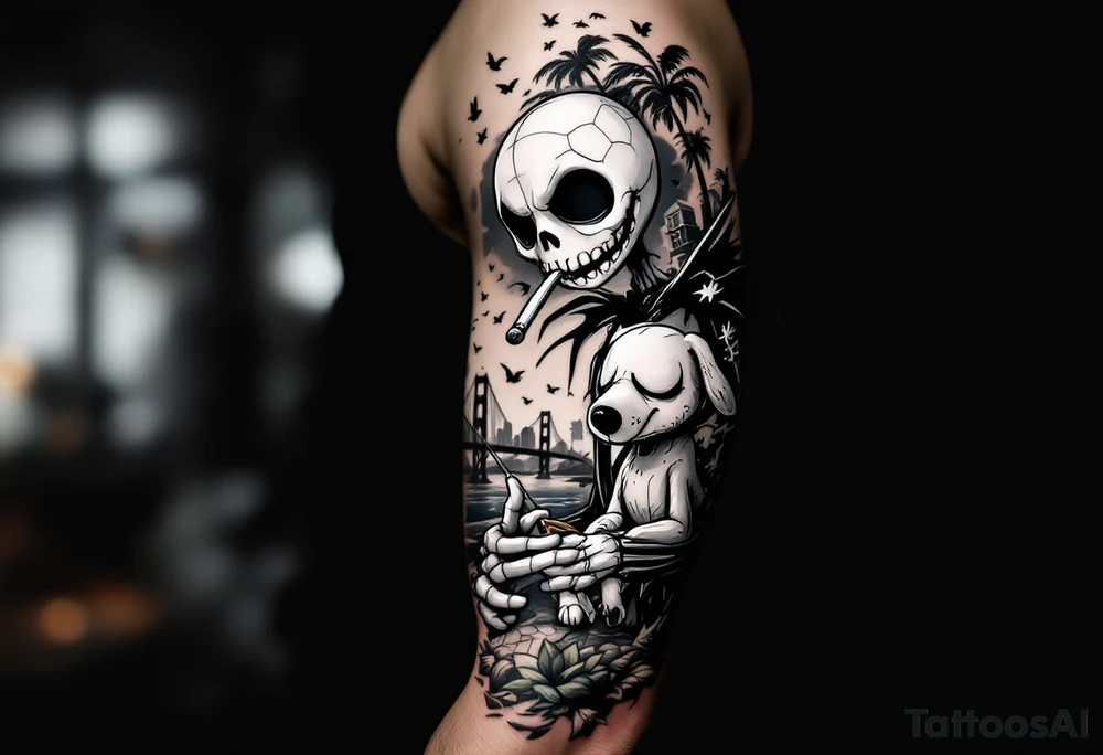 jack skellington with dog,smoking a blunt and fishing,surrounded by city buildings,golden gate bridge, birds, palm trees, tattoo idea
