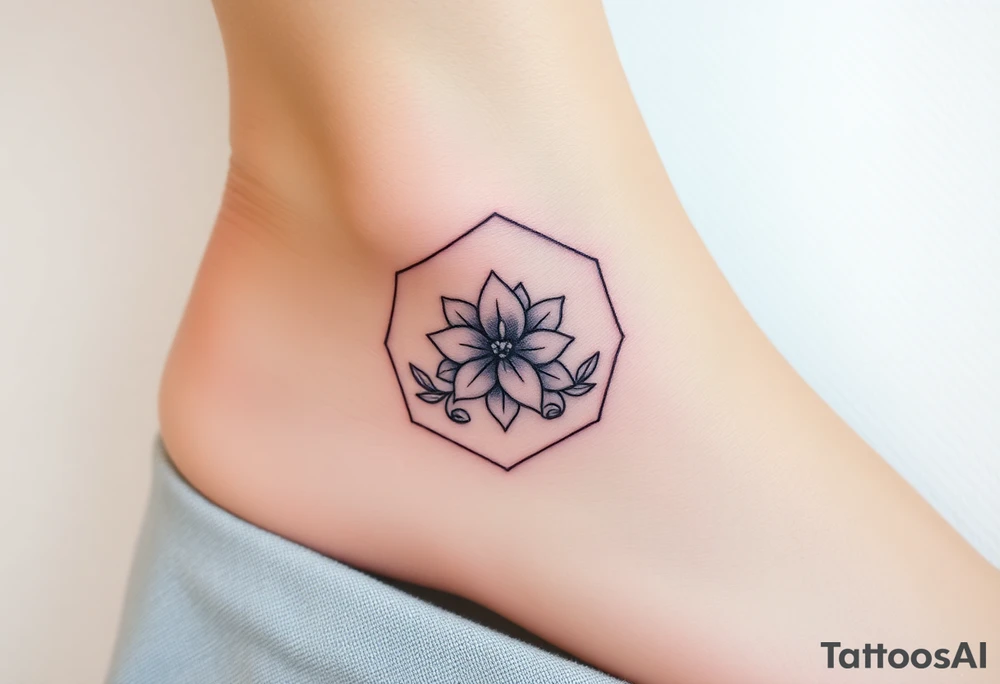 Faint Hexagon with Leo, larkspur and water lilies in the center tattoo idea