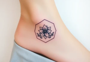 Faint Hexagon with Leo, larkspur and water lilies in the center tattoo idea