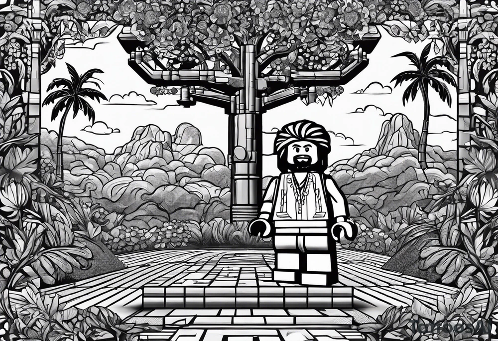 2 Lego figures in one scenery, one of them will be a Rastaman who is looking at the other one dribbling a basketball tattoo idea