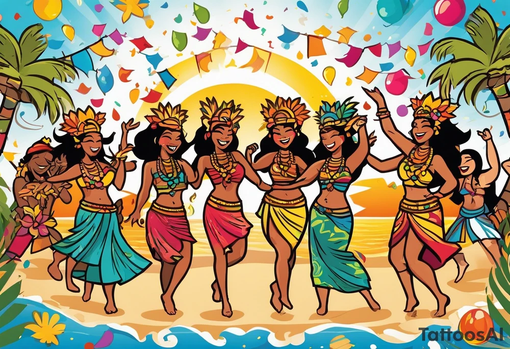 dancing tiki gods and hula girls on the left and right side of a beach party scene with confetti and music notes with a setting sun in the center of the image tattoo idea