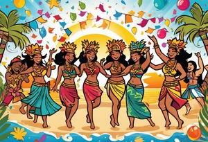 dancing tiki gods and hula girls on the left and right side of a beach party scene with confetti and music notes with a setting sun in the center of the image tattoo idea