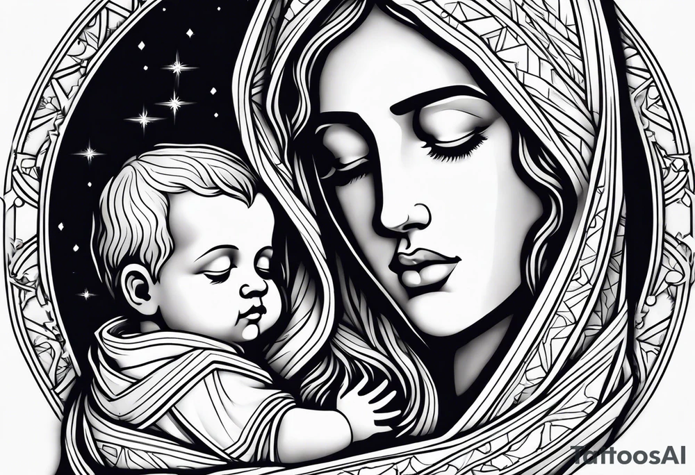 Mary holding baby Jesus in her arms crying tattoo idea
