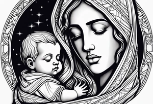 Mary holding baby Jesus in her arms crying tattoo idea