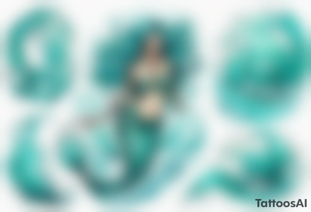 a turquoise mermaid standing in the sea surrounded by crashing waves tattoo idea