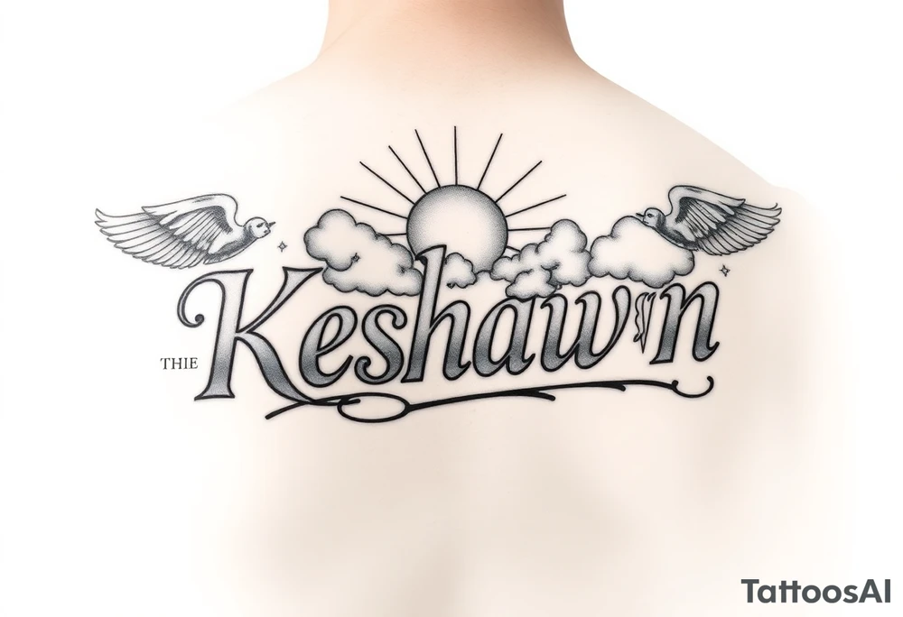 The name Keshawn with some clouds and sun rays beaming out of the clouds with angels around his name tattoo idea