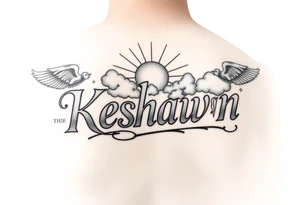 The name Keshawn with some clouds and sun rays beaming out of the clouds with angels around his name tattoo idea