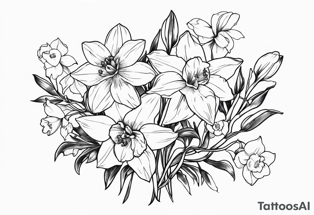 Larkspur and narcissus bouquet tattoo idea