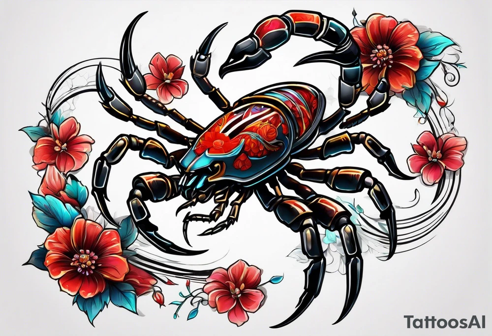 futuristic scorpion animation with flowers bloody tattoo idea