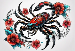 futuristic scorpion animation with flowers bloody tattoo idea
