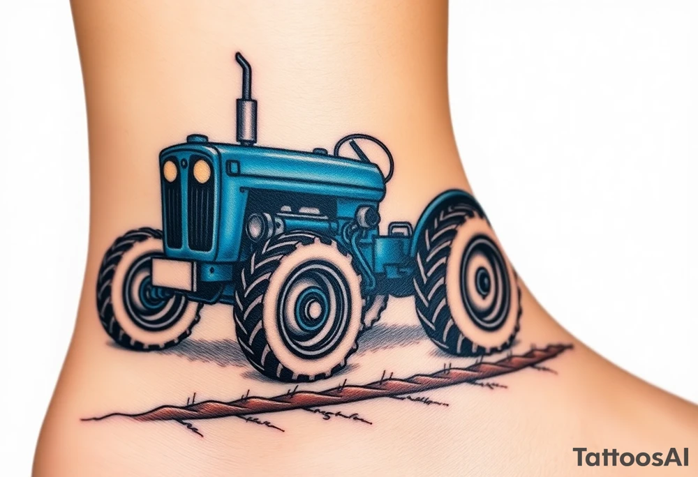 A detailed blue tractor with headlights glowing, standing proudly on a freshly tilled farm field. tattoo idea