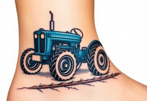A detailed blue tractor with headlights glowing, standing proudly on a freshly tilled farm field. tattoo idea