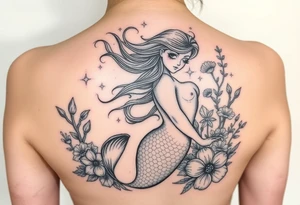 ethereal mermaid with flowing hair among coral and sea flowers tattoo idea