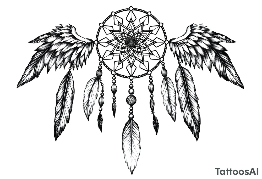 native dreamcatcher with flowing feathers and sacred beads tattoo idea