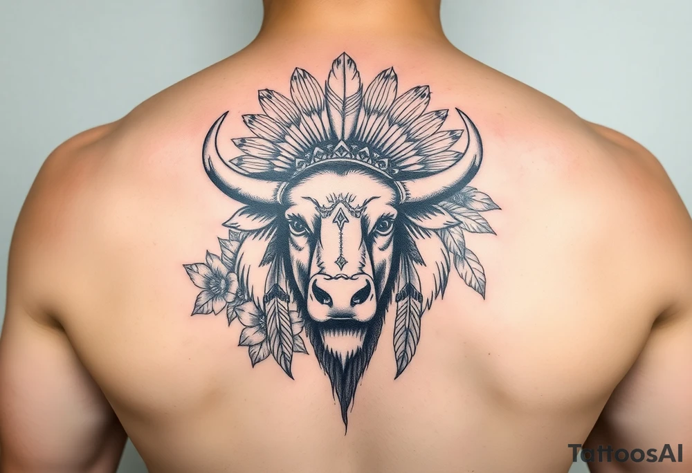 powerful majestic white buffalo with an native American headdress surrounded by flowers tattoo idea