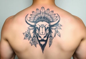powerful majestic white buffalo with an native American headdress surrounded by flowers tattoo idea