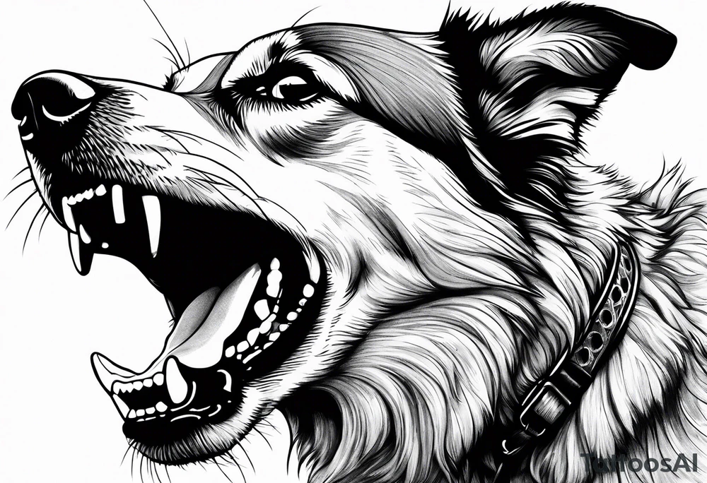 Violent, aggressive dog barking realistic tattoo idea