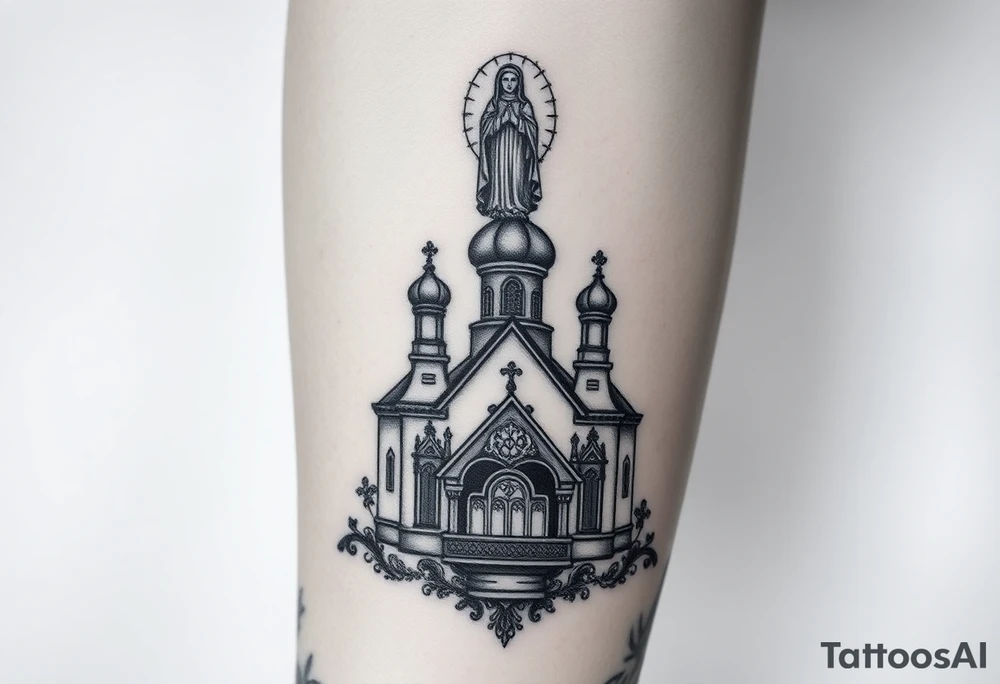 in a dorsal view a detailed orthodox church with a band at the front shrouded with a mist above and fading into a virgin mary overlooking above at the top tattoo idea
