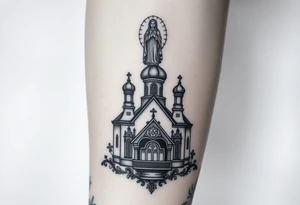 in a dorsal view a detailed orthodox church with a band at the front shrouded with a mist above and fading into a virgin mary overlooking above at the top tattoo idea
