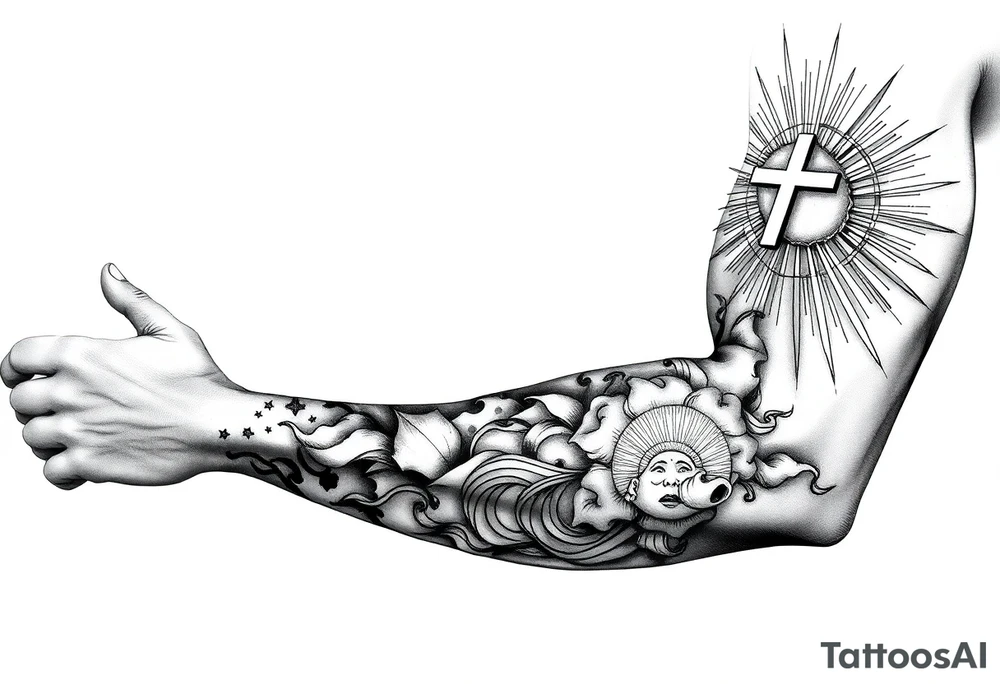 Half sleeve. powerful, cloud, cross, sun rays tattoo idea