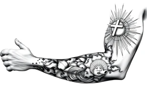 Half sleeve. powerful, cloud, cross, sun rays tattoo idea