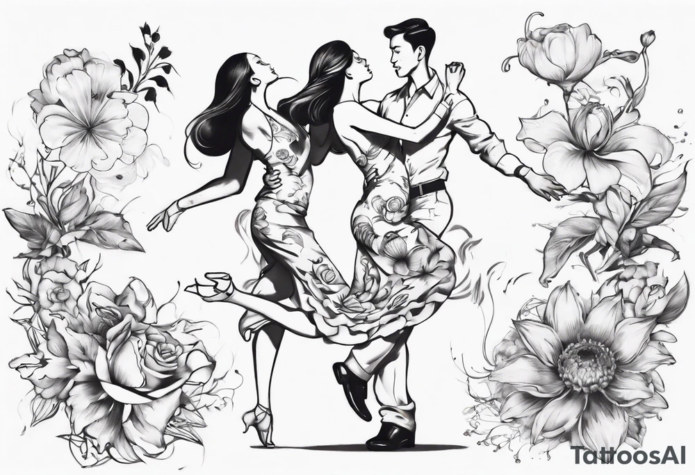 Dancing guy and girl into a flower tattoo idea