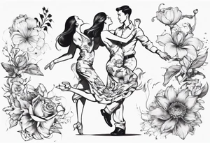 Dancing guy and girl into a flower tattoo idea