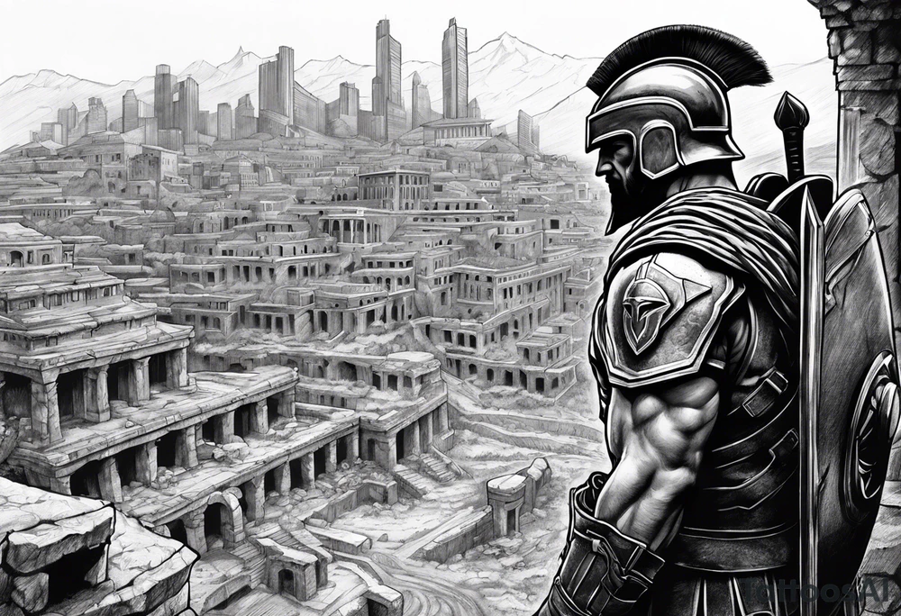 Spartan Soilder looking at city ruins tattoo idea