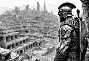Spartan Soilder looking at city ruins tattoo idea
