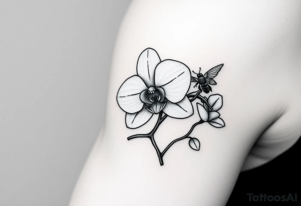 A delicate, black and white fine-line tattoo for male, featuring gracefully detailed 2 orchids in full bloom including their stems, with soft, intricate petals and elegant curves. Beside it, a hummingbird hovers mid-flight, its wings drawn with subtle motion lines, its slender beak reaching toward the orchid’s center to drink its nectar. on the other flower there is a bee that is resting tattoo idea