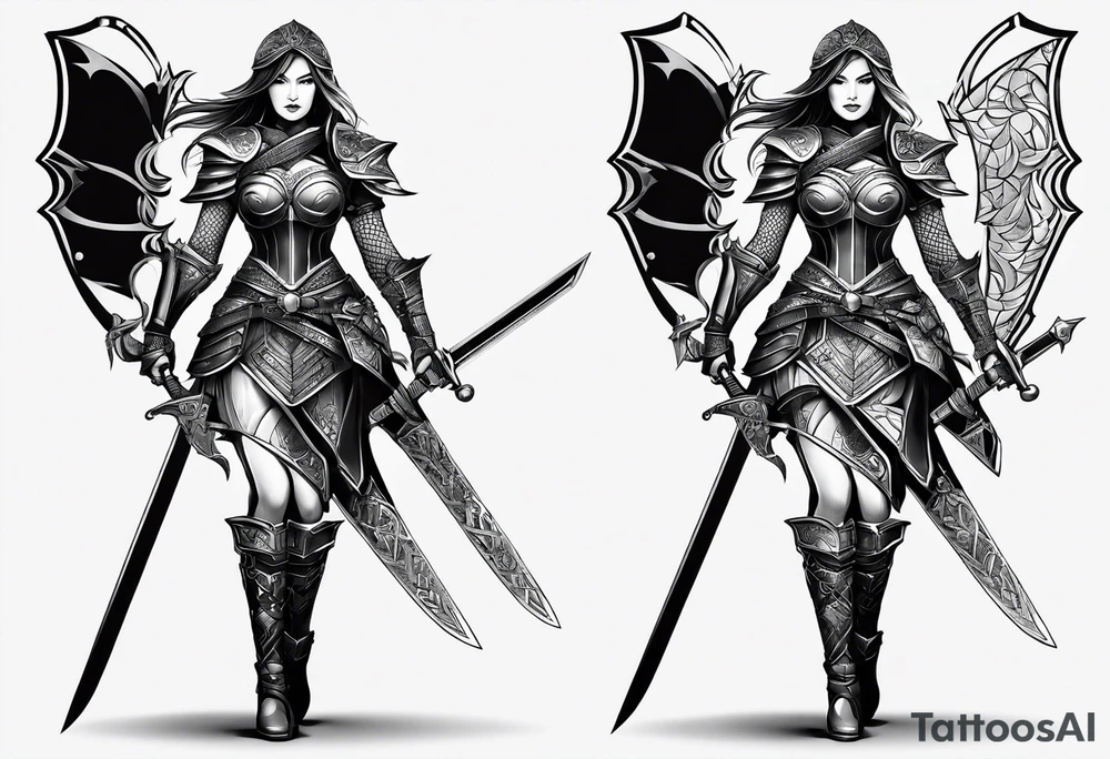 3 female warriors in full body armor wielding swords tattoo idea