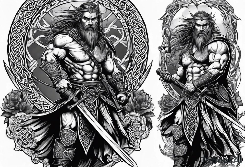 Side full body shot of Celtic warrior with sword and axe. tattoo idea