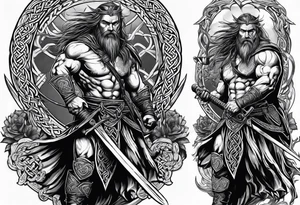 Side full body shot of Celtic warrior with sword and axe. tattoo idea