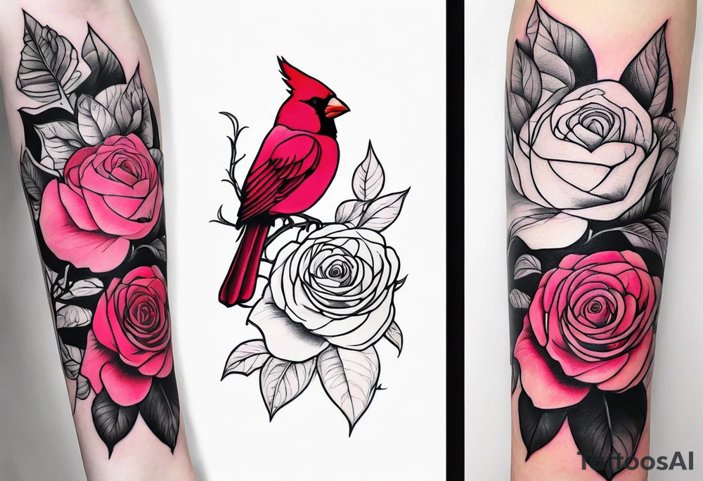 breast cancer memorial forearm tattoo incorporating roses and a cardinal into the tattoo tattoo idea