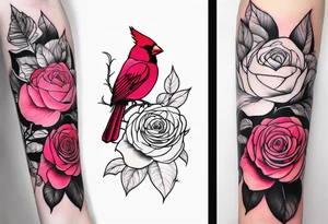 breast cancer memorial forearm tattoo incorporating roses and a cardinal into the tattoo tattoo idea