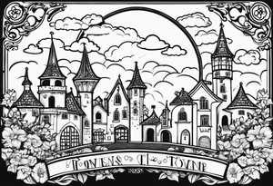 sacred medieval town houses open gate towers garden circle vignette surrounded by clouds floral tattoo idea