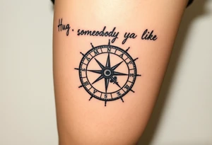 Sundial casting shadow with handwriting “Hug somebody ya like” above. tattoo idea