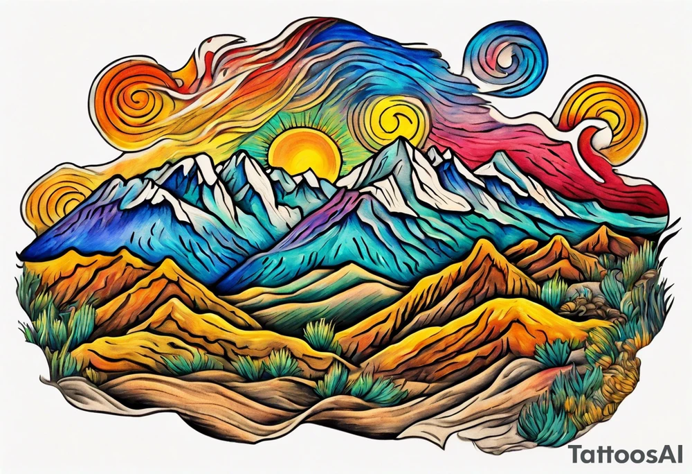 Small tattoo of New Mexico mountains, Van Gogh style, vibrant colors, swirling brushstrokes, detailed peaks, high quality, Van Gogh style, vibrant colors, swirling brushstrokes, detailed, professional, atmospheric lighting tattoo idea