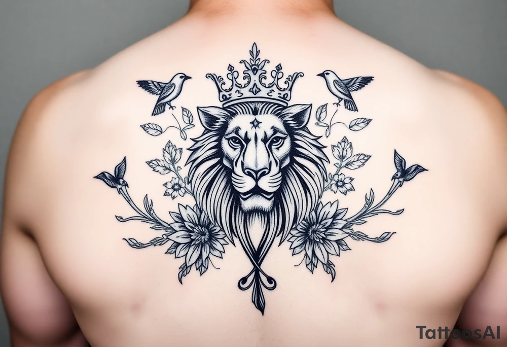 powerful majestic lion with a crown, surrounded by floral ornaments and birds tattoo idea