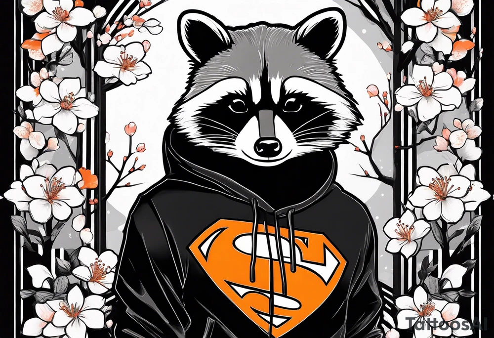 Raccoon wearing a white Superman logo on a black hoodie and orange Japanese cherry blossoms beside tattoo idea