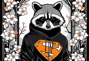 Raccoon wearing a white Superman logo on a black hoodie and orange Japanese cherry blossoms beside tattoo idea